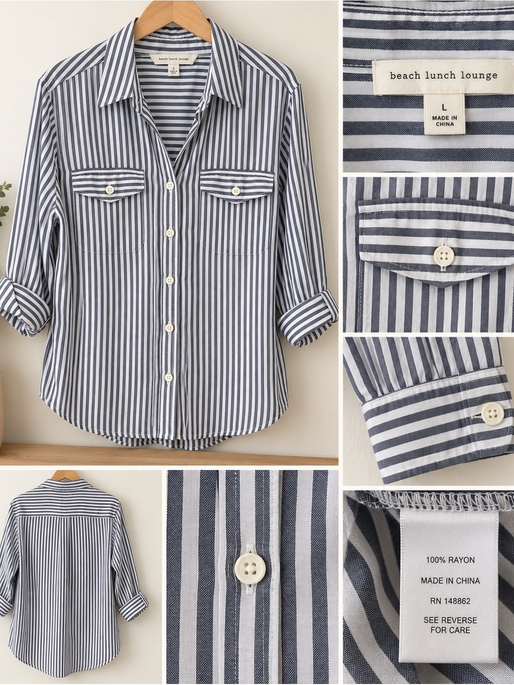 Beach Lunch Lounge Blue & White Striped Utility Button-Up L